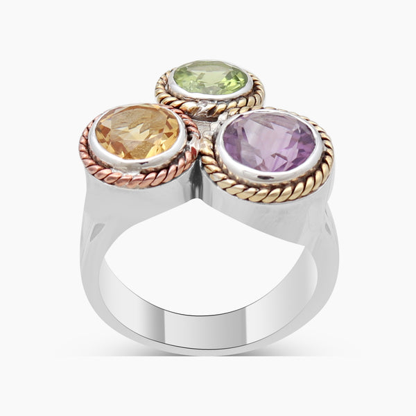 Triple Gemstone Silver Ring – Amethyst, Peridot & Citrine