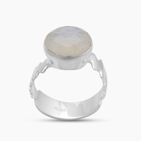 Checker Cut Rainbow Moonstone Silver Rings