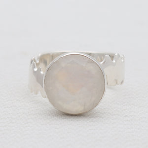 Checker Cut Rainbow Moonstone Silver Rings
