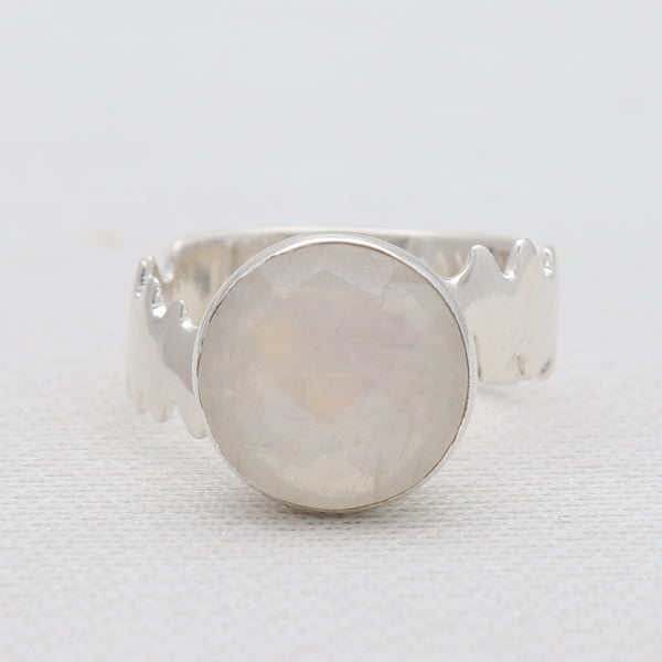 Checker Cut Rainbow Moonstone Silver Rings
