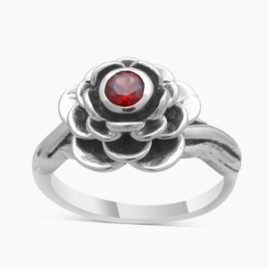 Natural Garnet Silver Blooming Flower Rings