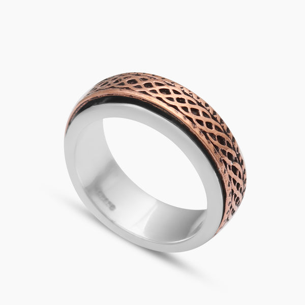 Textured Copper & Silver Dual Tone Band Rings