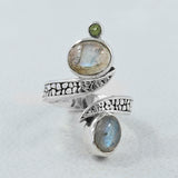 Rainbow Moonstone and Larimar Silver Ring