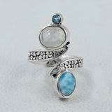 Rainbow Moonstone and Larimar Silver Ring