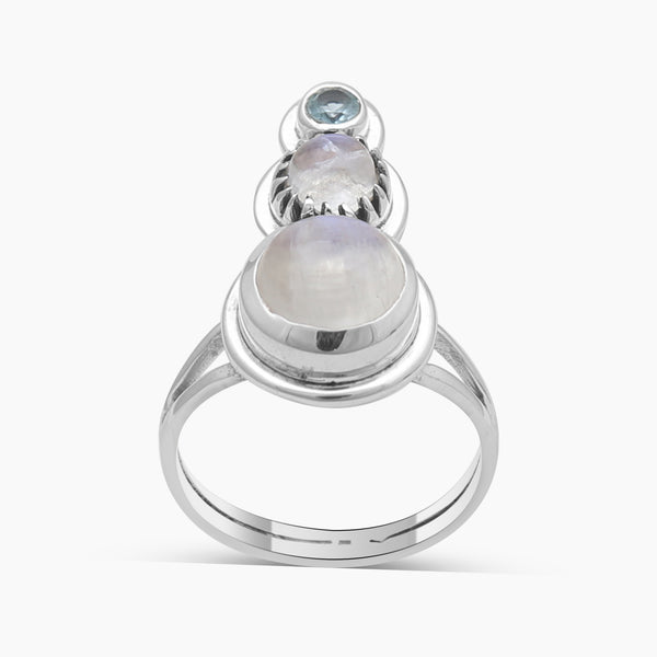 Rainbow Moonstone & Blue Topaz Silver Rings