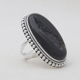 Black Agate Druzy Silver Rings