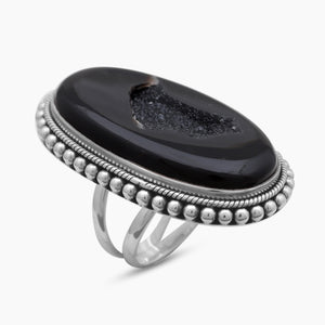 Black Agate Druzy Silver Rings
