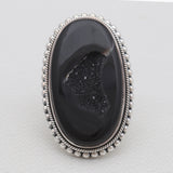 Black Agate Druzy Silver Rings