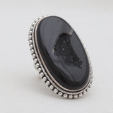 Black Agate Druzy Silver Rings