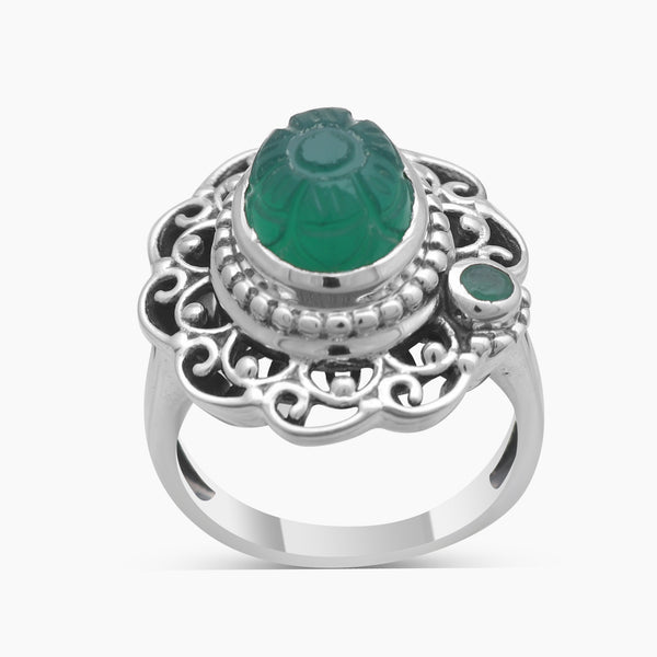 Carving Green Onyx & Emerald Silver Rings