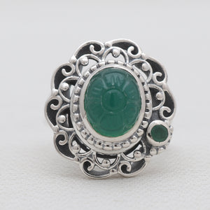 Carving Green Onyx & Emerald Silver Rings