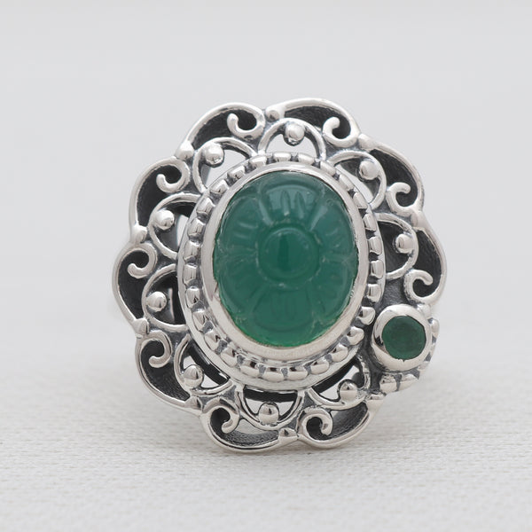 Carving Green Onyx & Emerald Silver Rings