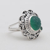 Carving Green Onyx & Emerald Silver Rings