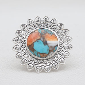 Turquoise Spiny Oyster Silver Mandala Rings