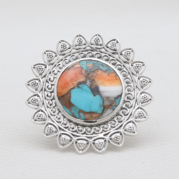 Turquoise Spiny Oyster Silver Mandala Rings
