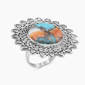 Turquoise Spiny Oyster Silver Mandala Rings