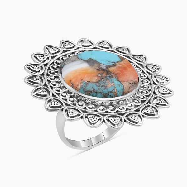 Turquoise Spiny Oyster Silver Mandala Rings