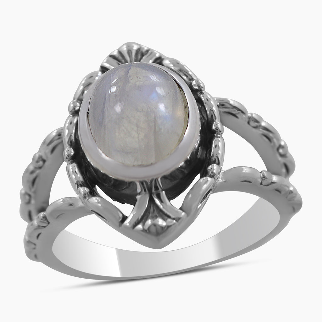 Natural Rainbow Moonstone Silver Rings