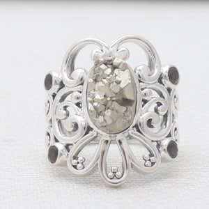 Pyrite Druzy & Smoky Quartz Silver Rings