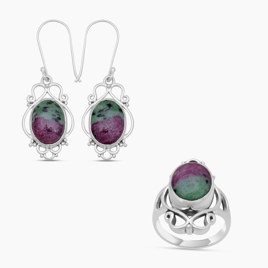 925 Silver Ruby Zoisite Ring & Earrings Set