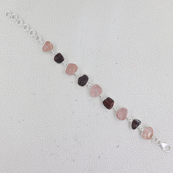 Raw Garnet & Rose Quartz Silver Bracelets