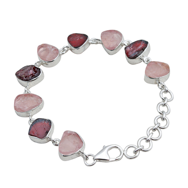 Raw Garnet & Rose Quartz Silver Bracelets