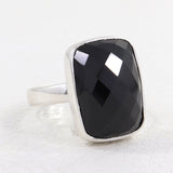 Black Onyx Checker Cut Silver Ring