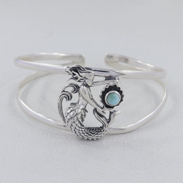 Blue Larimar Gemstone Cuff Bangle - Mermaid Jewelry
