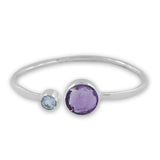 Purple Amethyst, Blue Topaz Cut Silver Bangle - Adjustable Size