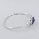 Purple Amethyst, Blue Topaz Cut Silver Bangle - Adjustable Size