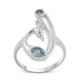 Blue Topaz Peacock Pattern Ring in Solid 925 Silver Jewelry