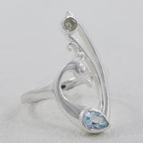 Blue Topaz Peacock Pattern Ring in Solid 925 Silver Jewelry