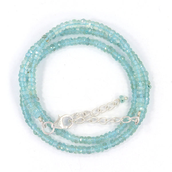 Blue Aquamarine Micro Cut Rondelle Beads Necklace Sterling Silver