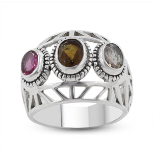 Natural Multi Tourmaline Ring in Solid Sterling 925 Silver