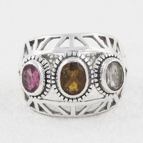Natural Multi Tourmaline Ring in Solid Sterling 925 Silver