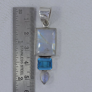 Rainbow Moonstone & Blue Topaz Silver Pendant