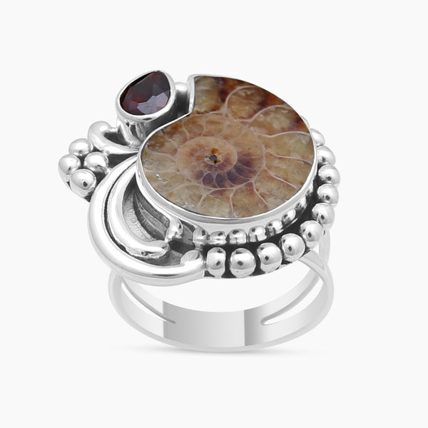 Ammonite & Garnet Silver Rings