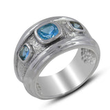 925 Silver Blue Topaz Three Stone Men's Ring