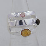 Three Stone Rainbow Moonstone Sterling Silver Ring