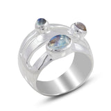 Three Stone Rainbow Moonstone Sterling Silver Ring