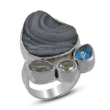 Chalcedony Druzy, Blue Topaz Silver Ring