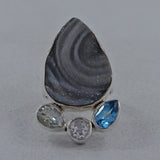 Chalcedony Druzy, Blue Topaz Silver Ring