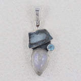 Rainbow Moonstone With Aquamarine Silver Pendant