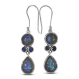 Rainbow Moonstone + Blue Topaz Silver Earrings