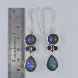 Rainbow Moonstone + Blue Topaz Silver Earrings