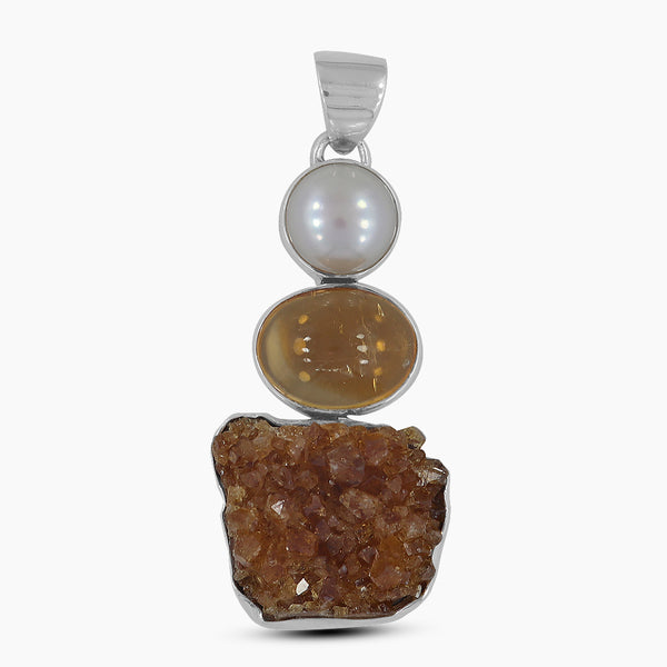 925 Silver Citrine Druzy & Pearl Pendants