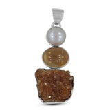 Citrine Druzy & Pearl 925 Sterling Silver Pendant