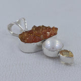 Citrine Druzy & Pearl 925 Sterling Silver Pendant