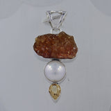 Citrine Druzy & Pearl 925 Sterling Silver Pendant