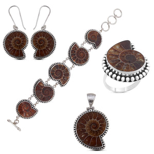 Unique Ammonite Fossil Jewelry Set 925 Sterling Silver